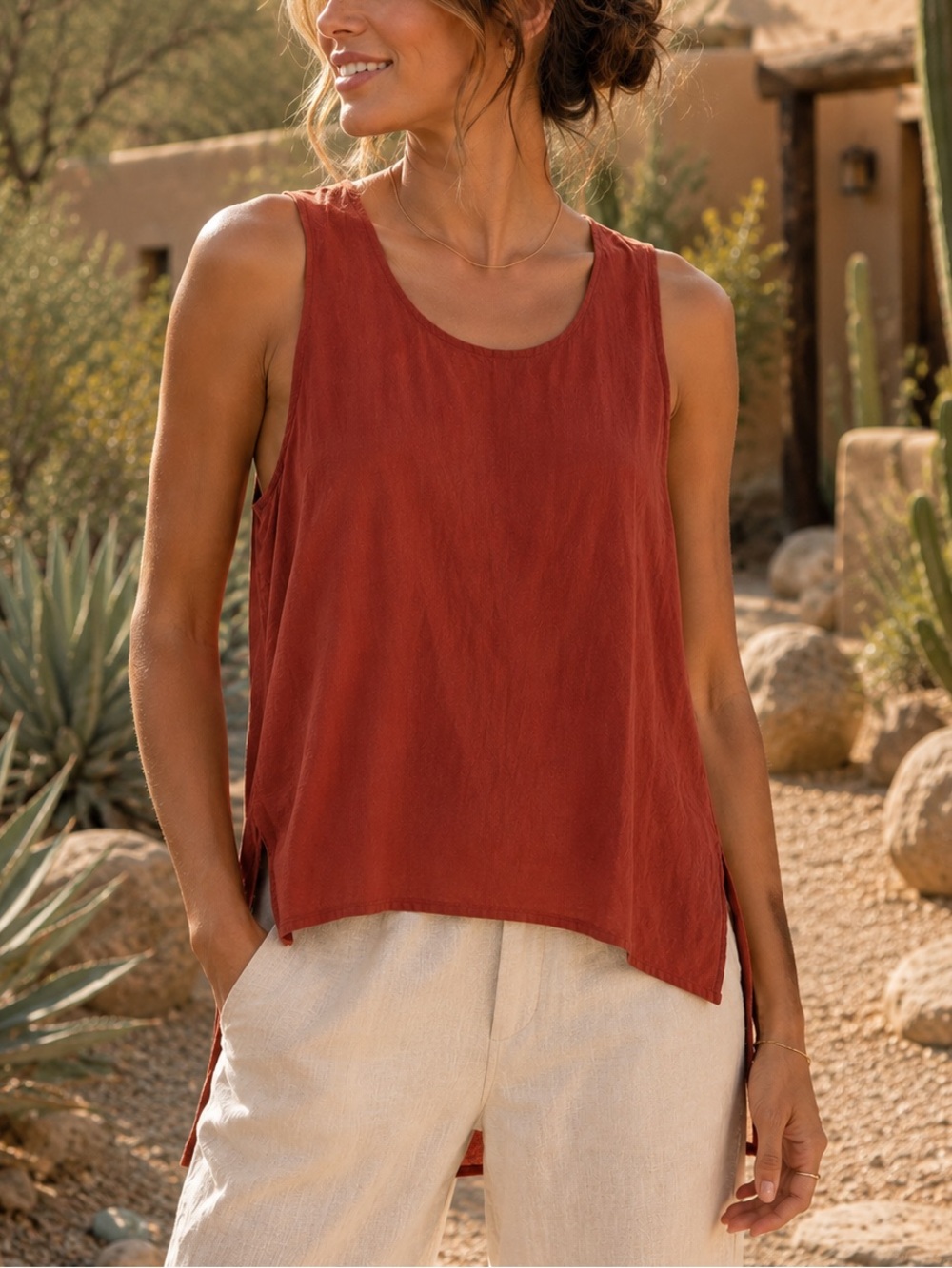 OZMA 100% Silk Rust Sleeveless High Low Tank Top Side Slits Size Medium USA